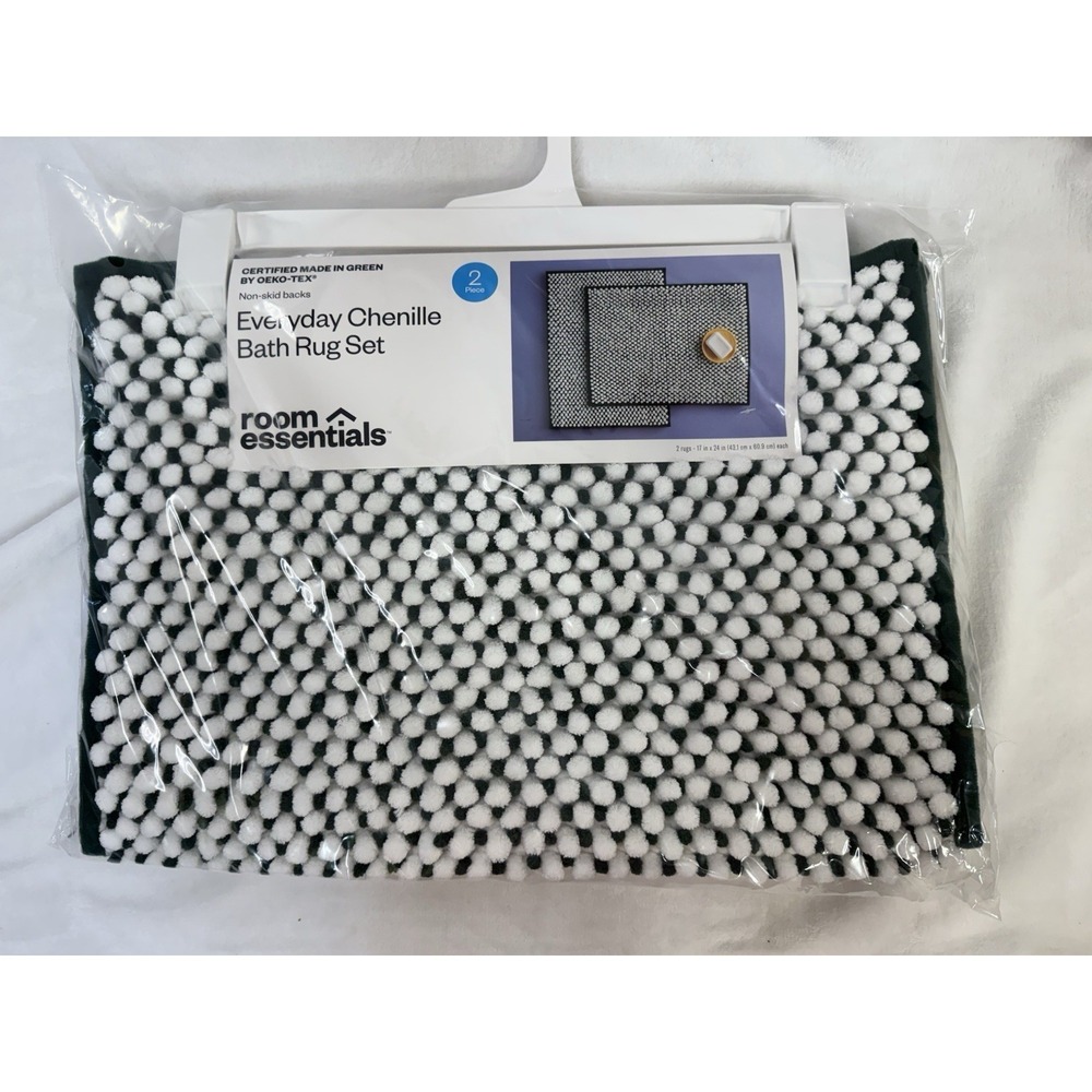 2 Pack 17" x 24" Chenille Bathroom Bath Rug Set Green/White Non-Skid Backing